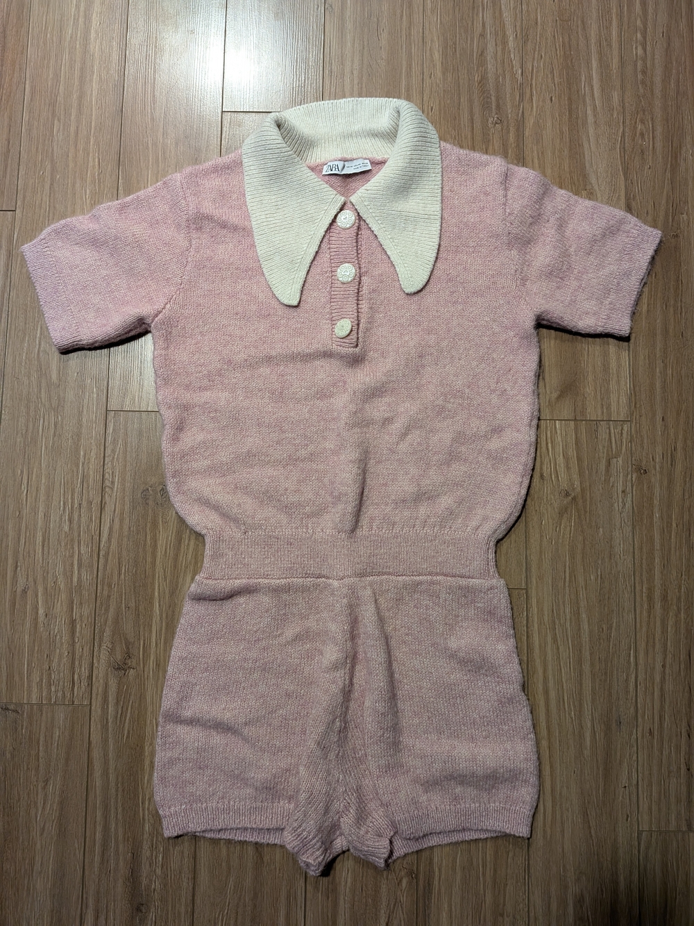 Zara Pink Knit Romper with Cream Collar